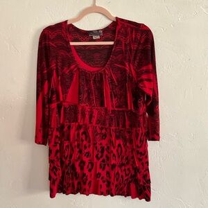 Fever Red Mixed Animal Print Tiered 3/4 Sleeve Top Size Large